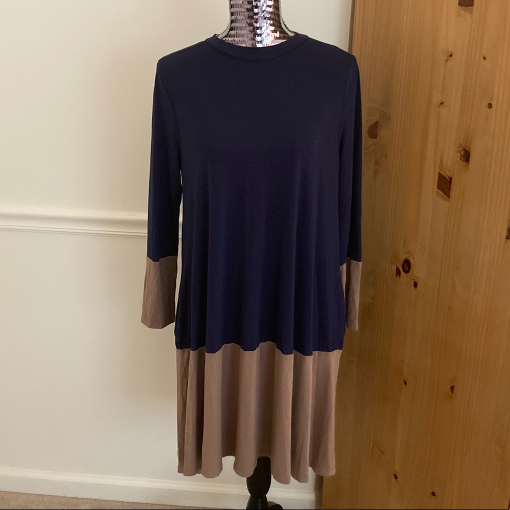 Riah Fashion Two-Tone Blue/Tan Dress w/ Pockets